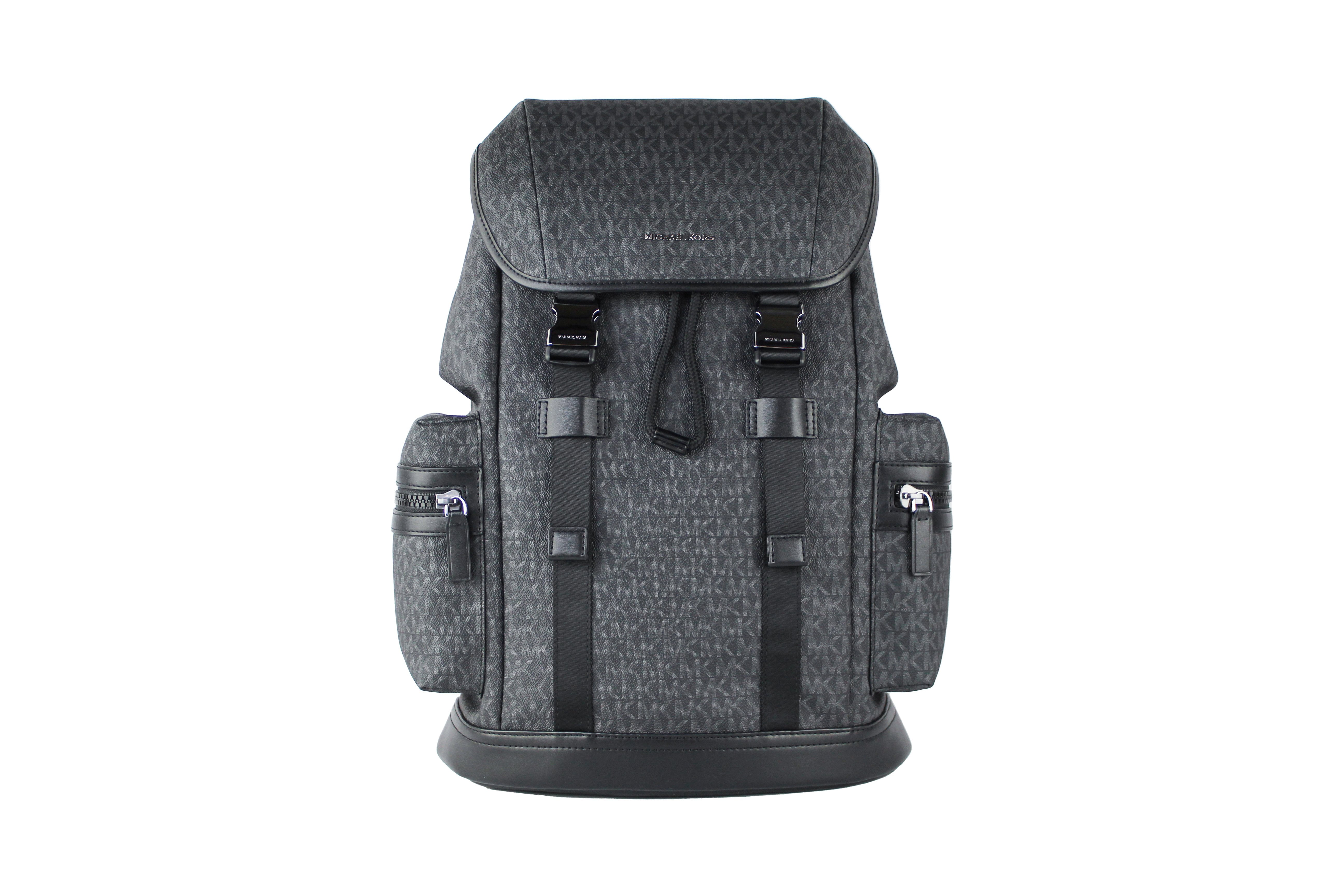 Michael Kors Men's Cooper Large Black Signature PVC Leather Multi Pocket Backpack  Bag 