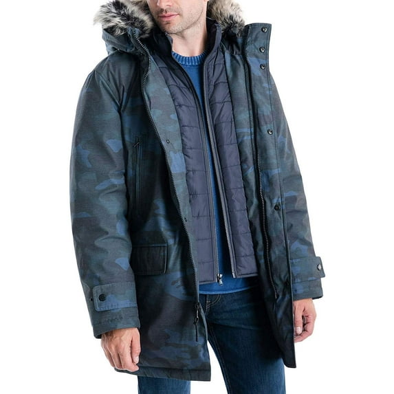Michael Kors Men's MMK791896 Heavyweight Hooded Snorkel Parka Coat with Bib - Navy Camo - S