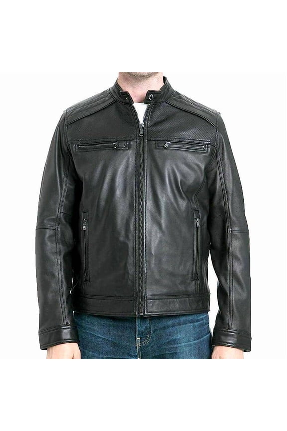 Men's Moto Leather Jacket with Perforated Panel (Black, XL)