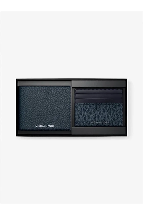 Men's Pebbled Leather Billfold Wallet and Signature Logo Card Case