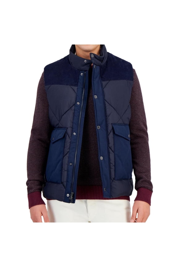 Mens Corduroy Trim Quilted Vest, Blue, Medium