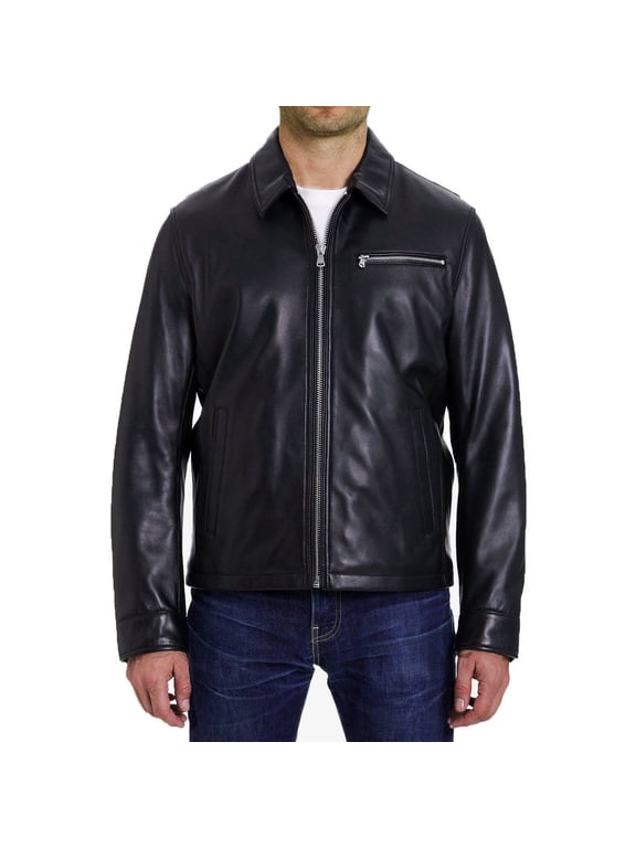 Men's Zip Front Genuine Leather Jacket (Black, M)