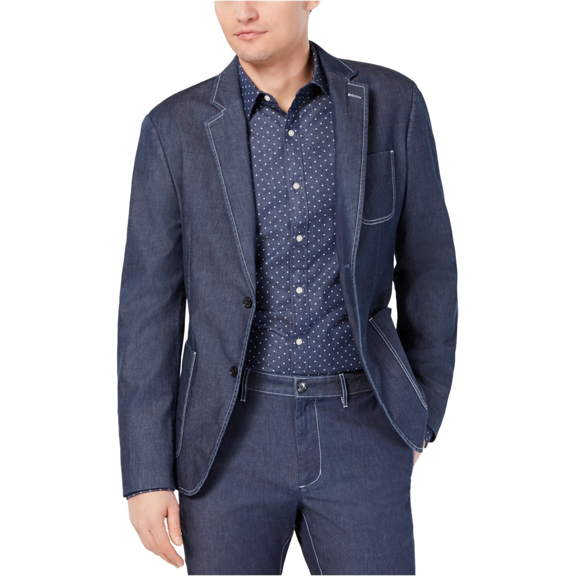 Michael Kors Mens Chambray Two Button Blazer Jacket, Blue, 44