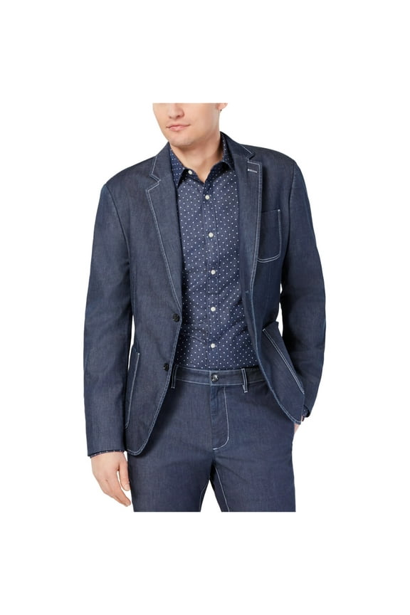 Mens Chambray Two Button Blazer Jacket, Blue, 44 Regular