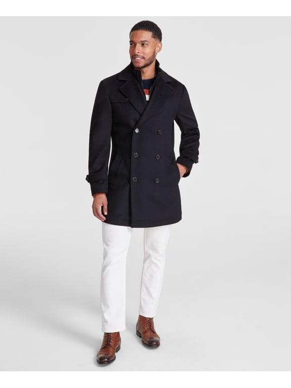 Mens Classic-Fit Wool Bib Double Breasted Overcoat Coat 46R Black