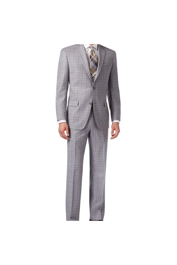Mens Classic Plaid Two Button Formal Suit, Grey, 40 Long / 33W x 38L