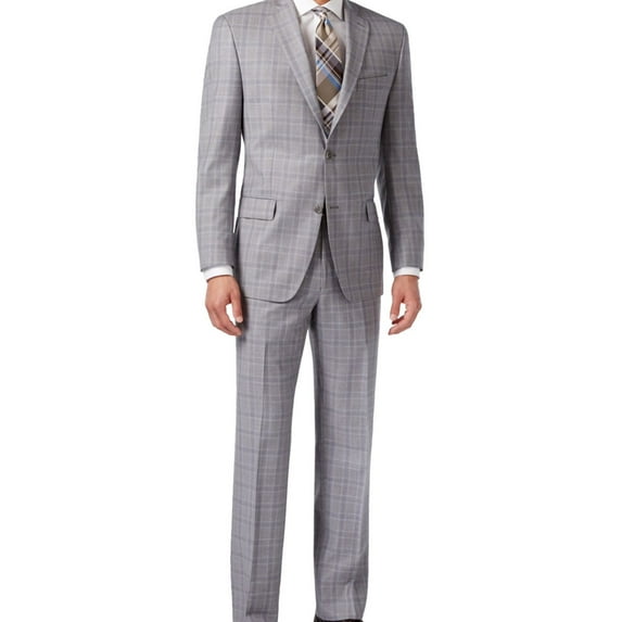 Michael Kors Mens Classic Plaid Two Button Formal Suit, Grey, 40 Long / 33W x 38L
