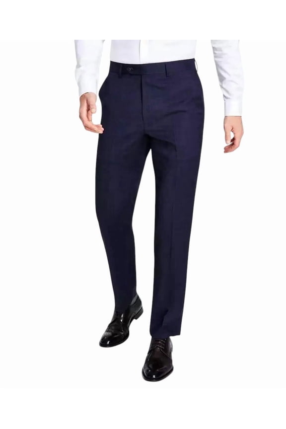 Mens Classic fit Dress Pants 33 / 34 Navy Blue Plaid Stretch Wool