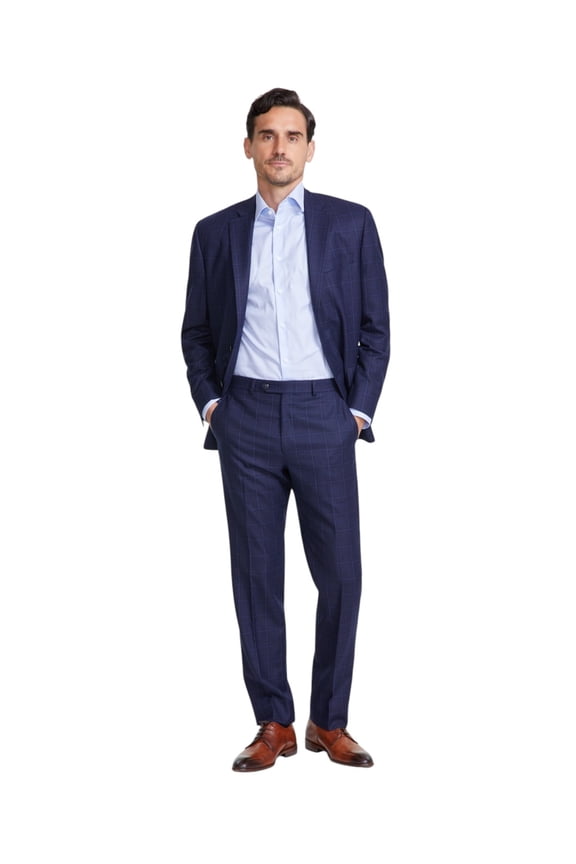 Mens Classic fit Dress Pants 36 / 32 Navy Blue Plaid Stretch