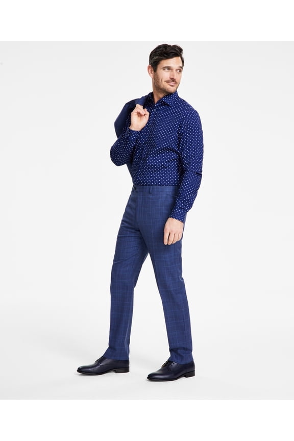Mens Classic fit Dress Pants 38 / 32 Navy Blue Plaid Stretch Wool