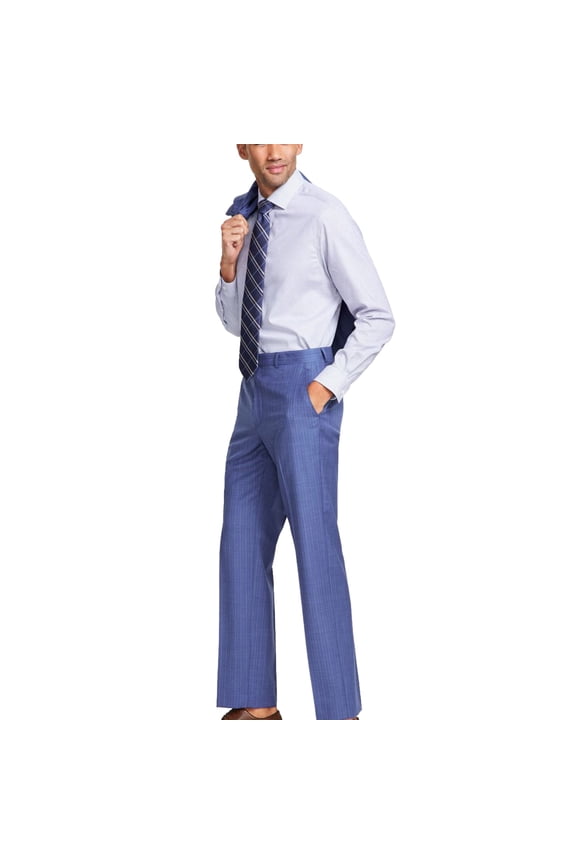 Mens Pinstripe, Wool, Stretch Dress Pants Slacks, Blue, 40W x 31L