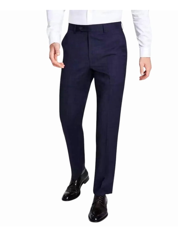 Mens Classic fit Dress Pants 42 / 30 Navy Blue Plaid Stretch Wool