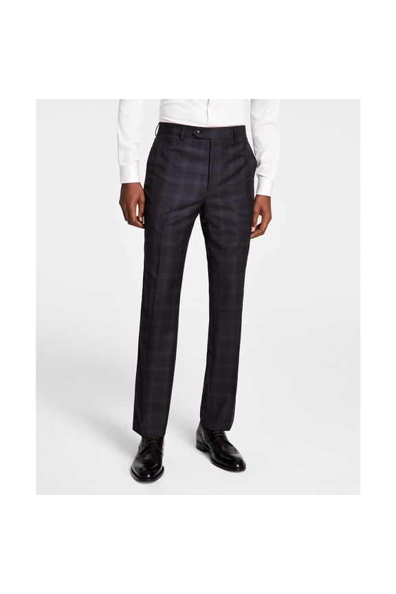 Men's Plaid Classic-Fit Wool-Blend Stretch Pant Charcoal/Brown B4HP (Regular,42,32 in)