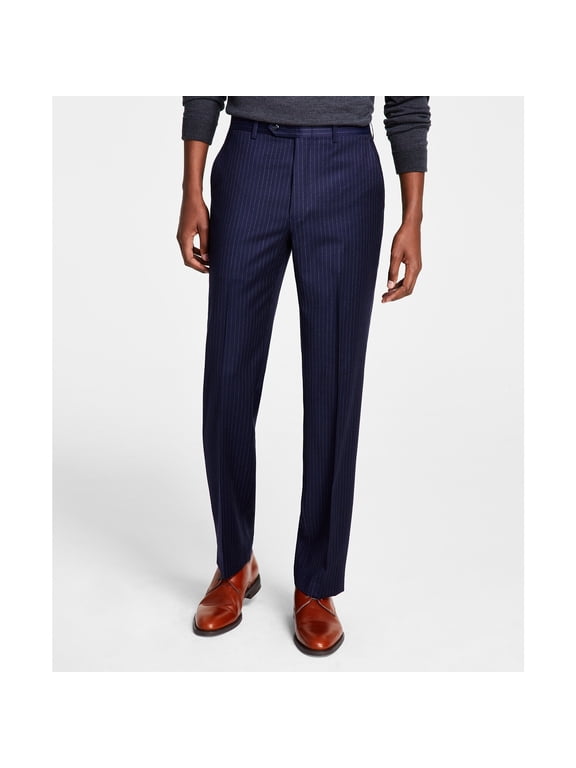 Men's Plaid Classic-Fit Wool-Blend Stretch Pants Navy B4HP $190 (Regular,44,32 in)
