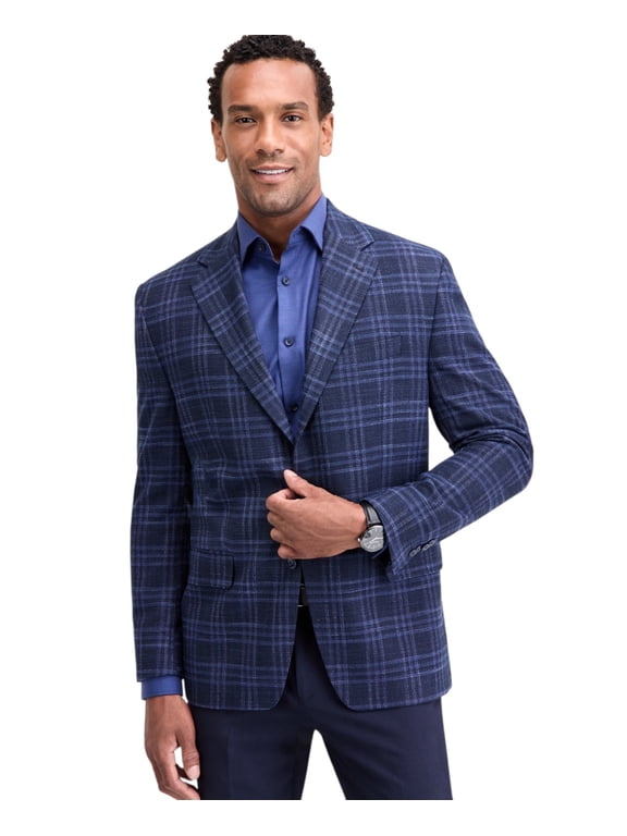 Mens Classic fit Knit Sport Coat Blazer 44 R Navy Blue Plaid