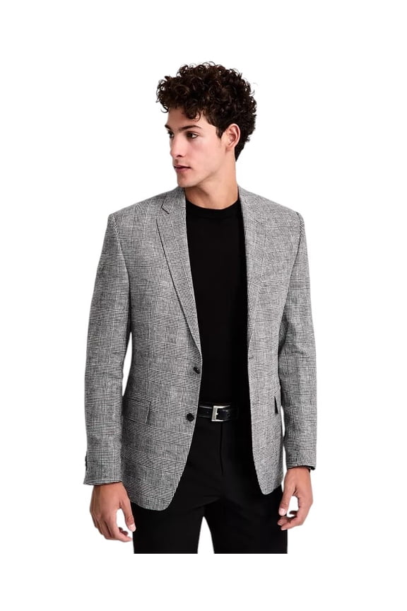 Mens Classic fit Linen Sport Coat Blazer 48 L Black White Plaid