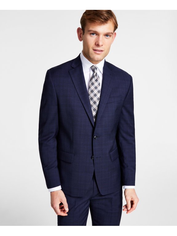 Mens Classic fit Suit Jacket Blazer 36 R Navy Blue Plaid Wool
