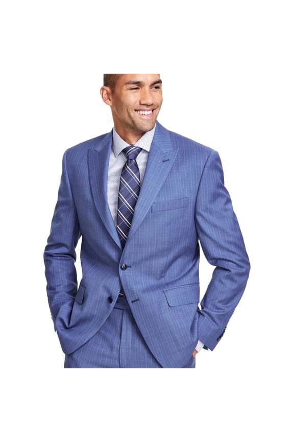 Mens Classic-Fit Pinstripe Wool Fitted Suit Two Button Blazer Jacket, Blue, 48 R/M37.5