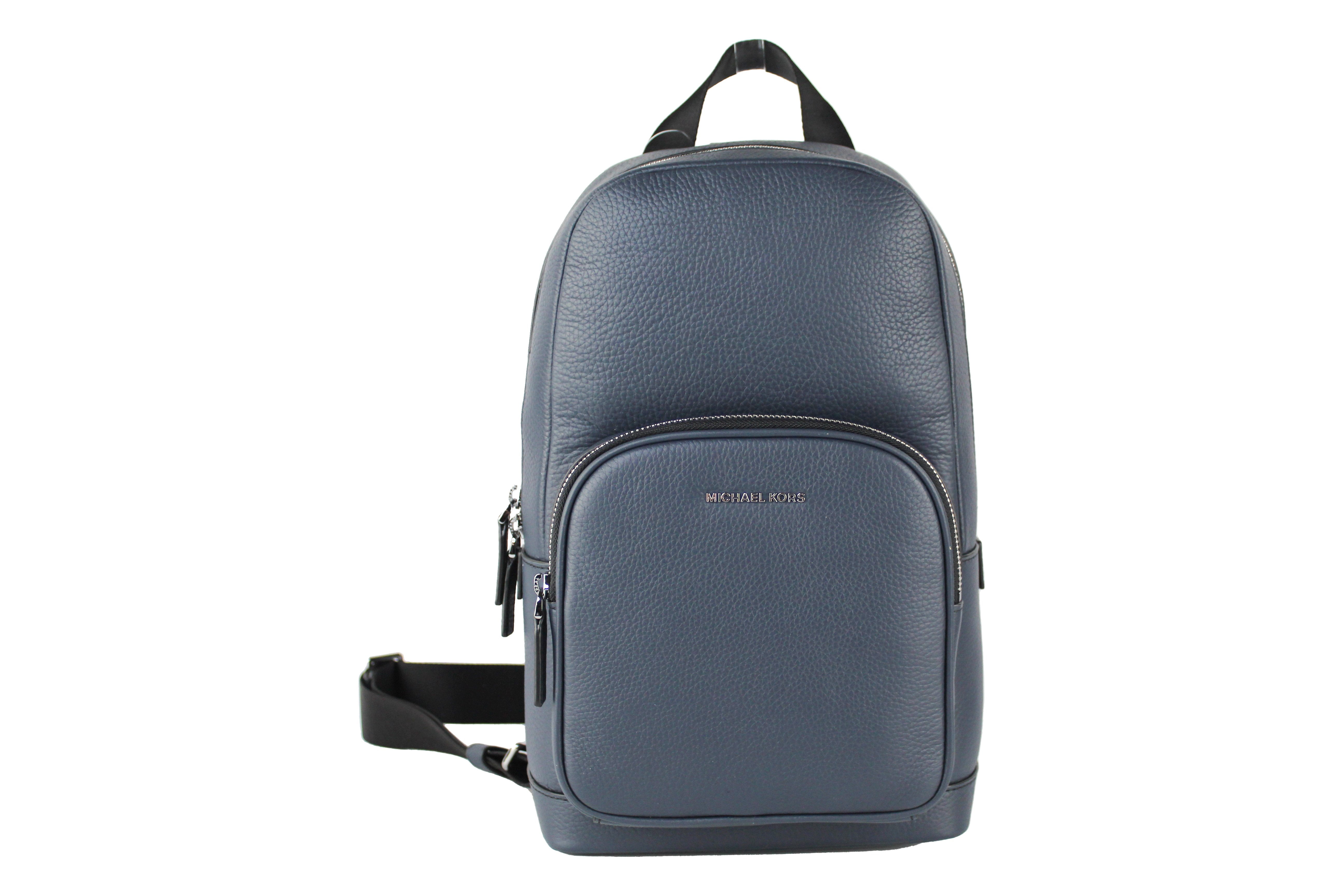 Michael Kors Mens Cooper Medium Pebbled Leather Navy Commuter Slingpack Book Bag