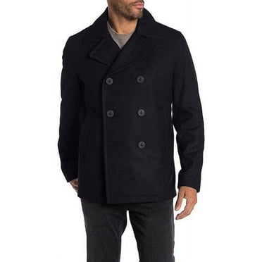 Michael Kors Mens Double Breasted Jacket Wool-Blend Pea Coat - Navy - M
