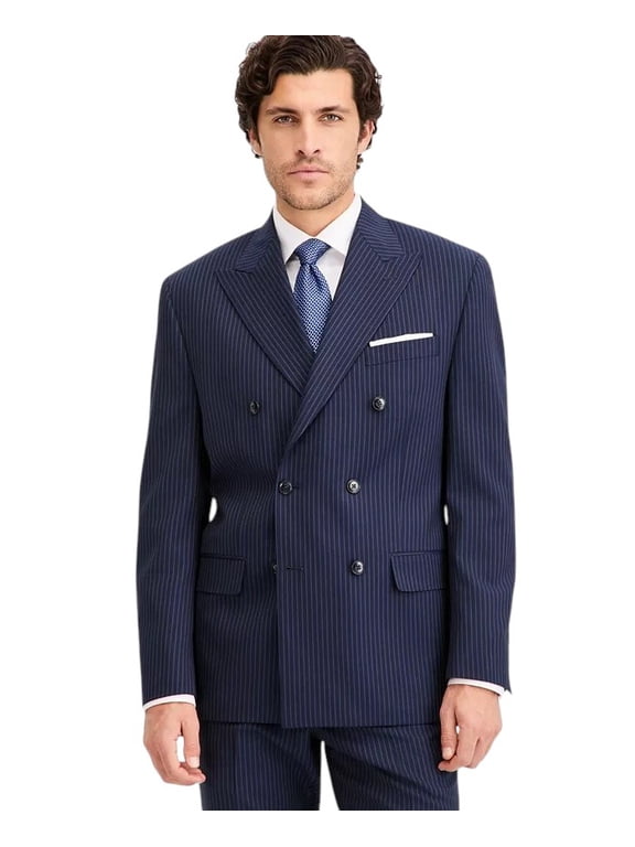 Mens Double Breasted Suit Jacket Blazer 44 R Navy Blue Striped Wool
