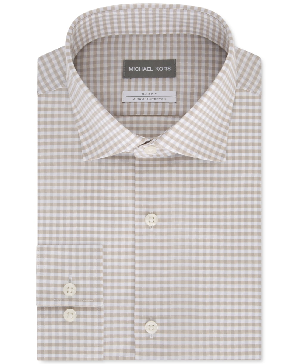 Michael Kors Mens Dress Shirt Gray Plaid Print Slim Beige 16 1/2