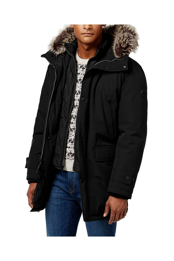 Micheal Kors Modern Fit Black Solid Faux Fur Collar New Men's Outerwear Jacket XL