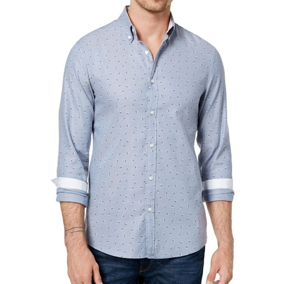 Michael Kors Mens Geometric Oxford Button Up Shirt, Blue, Small