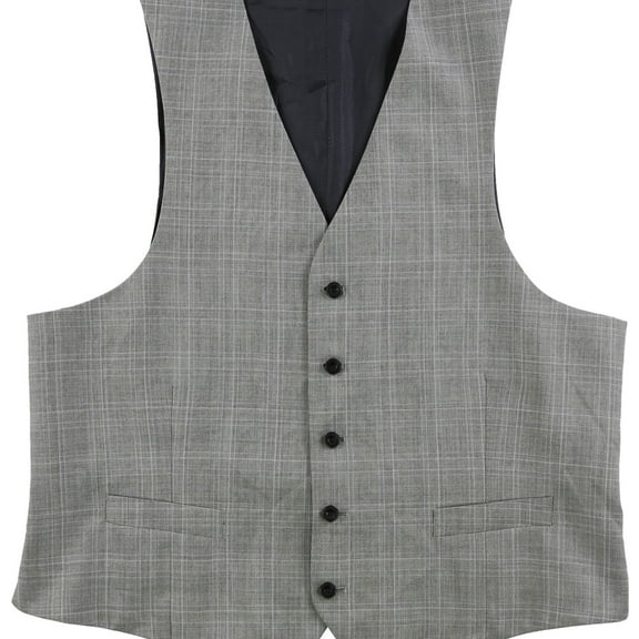 Michael Kors Mens Plaid Five Button Vest, Grey, 46 Long