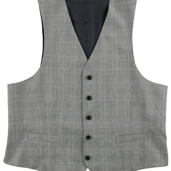 Michael Kors Mens Plaid Five Button Vest, Grey, 46 Long