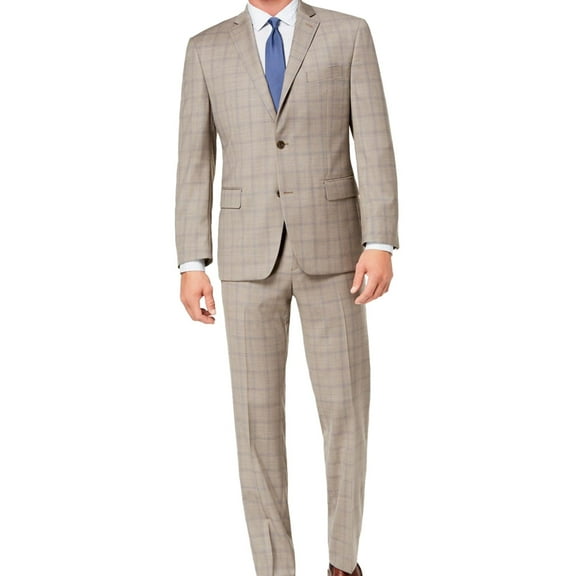 Michael Kors Mens Plaid Two Button Formal Suit, Beige, 38 Short / 31W x UnfinishedL