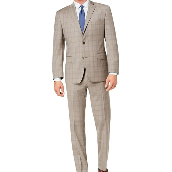 Michael Kors Mens Plaid Two Button Formal Suit, Beige, 38 Short / 31W x UnfinishedL