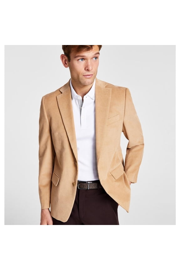 Mens Classic Fit Stretch Corduroy Two Button Blazer Jacket, Beige, 44 Long