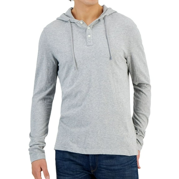Michael Kors Mens Slub Long-Sleeve Henley Hoodie Sweatshirt, Grey, Small