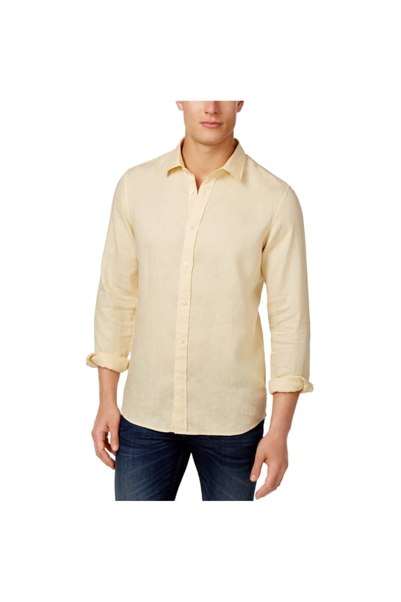 Mens Tailored Linen Button Up Shirt, Yellow, Small