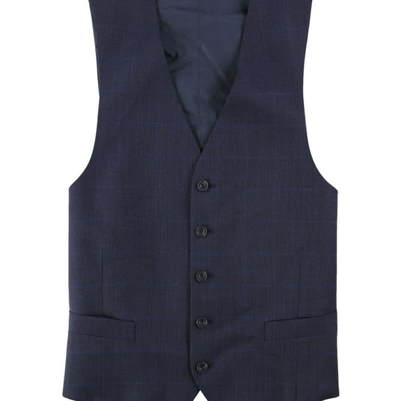 Michael Kors Mens Tonal Plaid Five Button Vest, Blue, 46 Regular