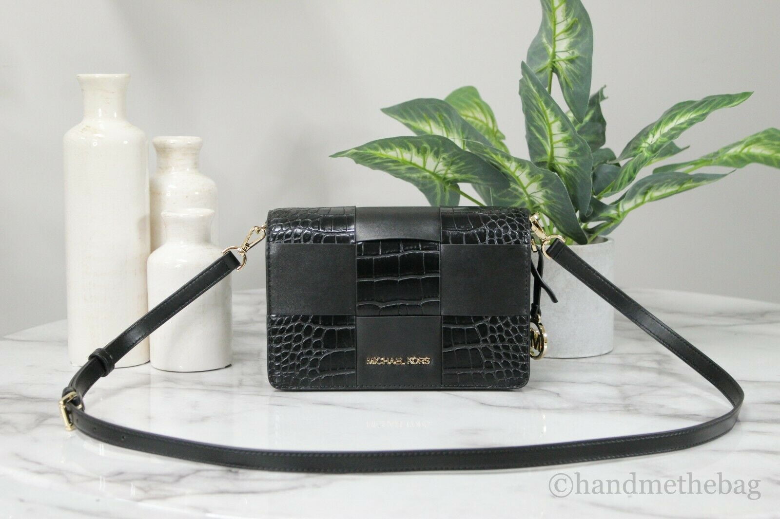 Michael Kors Mercer Small Patent Leather Crocodile Print Flap Clutch Bag Crossbody Handbag Black