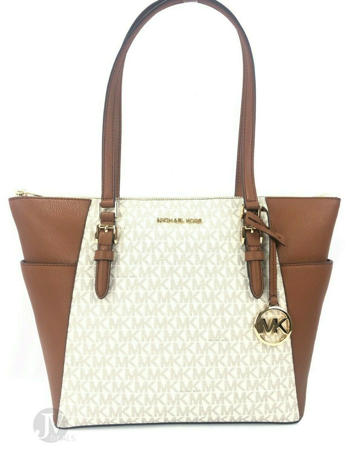 Michael Kors Women Leather Tote Handbag, Vanilla PVC, Zip Top