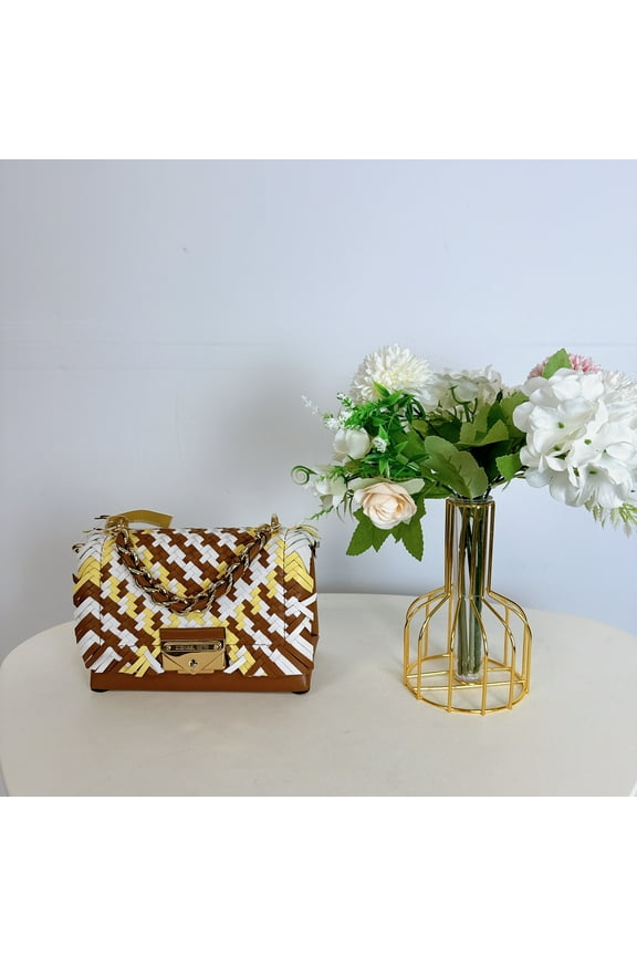 Mk Cece X Small Color-Block Woven Leather Crossbody Bag Brown New