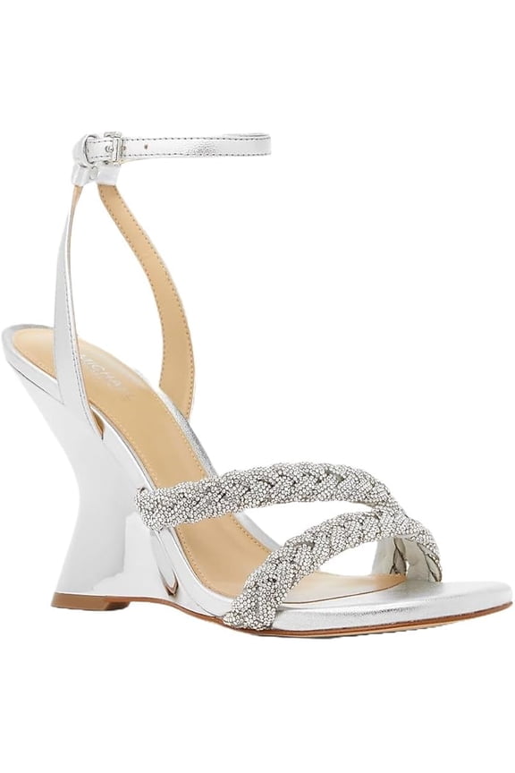 Nadina Embellished Metallic Leather Wedge Sandal, Silver 7