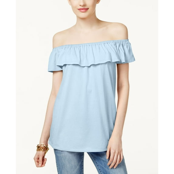 Michael Kors Off-The-Shoulder Flounce Top Womens S Petite Blue shirt MSRP $84