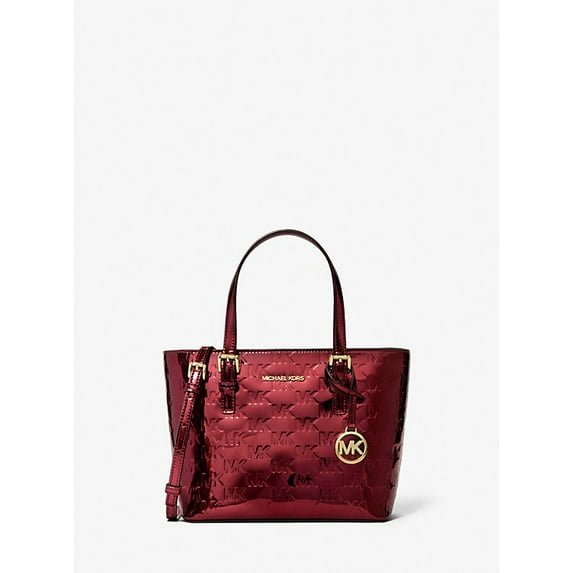 Michael Kors Outlet Jet Set Extra-Small Metallic Logo Debossed Convertible Tote Bag - Cherry