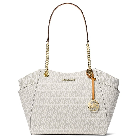 Michael Kors Womens Jet Set Large Signature Logo Shoulder Bag, Logo Print Canvas Zip Tote Handbag (Vanilla / Orange)