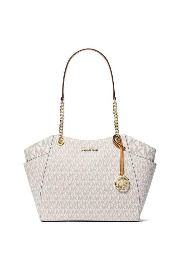 Womens Jet Set Large Signature Logo Shoulder Bag, Logo Print Canvas Zip Tote Handbag (Vanilla / Orange)