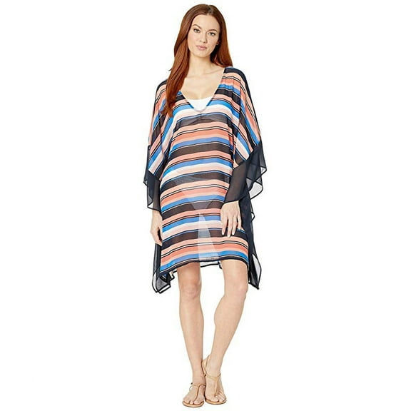 Michael Michael Kors Women's Stripe V-Neck Tunic Swim Cover Up Persimmon Multi XS/S
