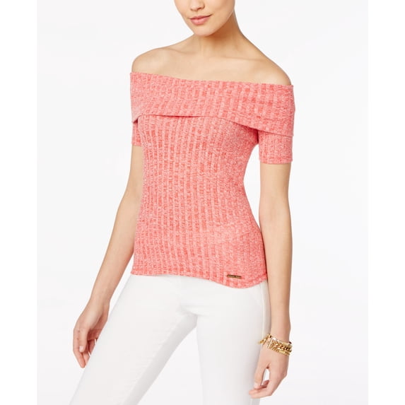Michael Kors Petite Marled Ribbed Off-The-Soulder Top Red PS