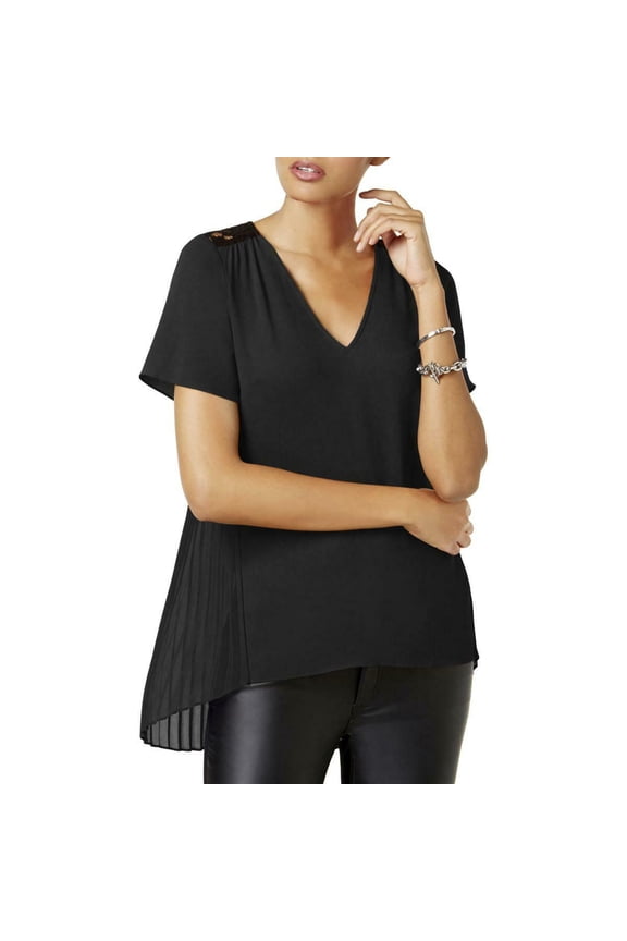 Petite Pleated Lace-Yoke Top Black PS