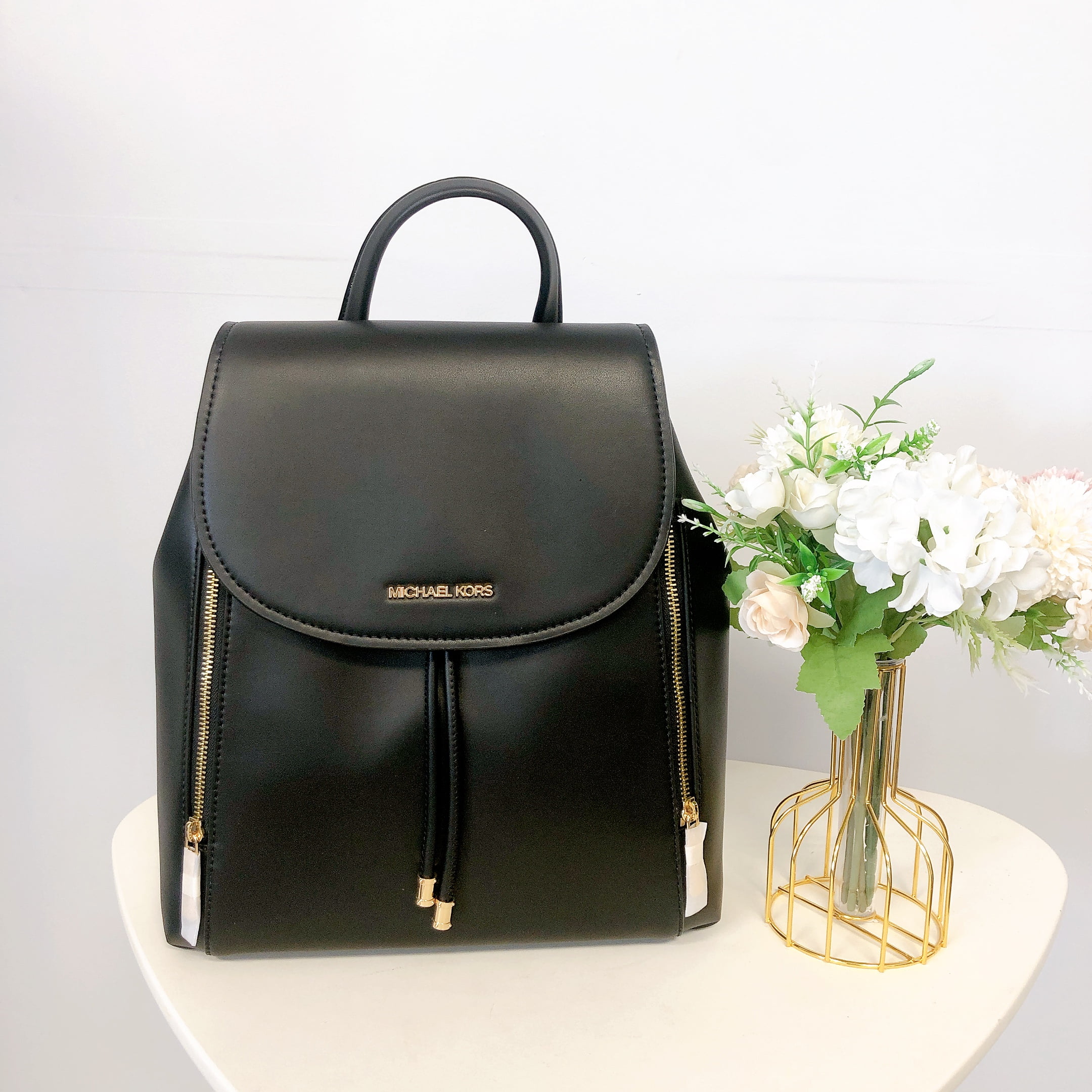 Michael Kors Phoebe Medium Backpack Drawstring School Bag Black Leather