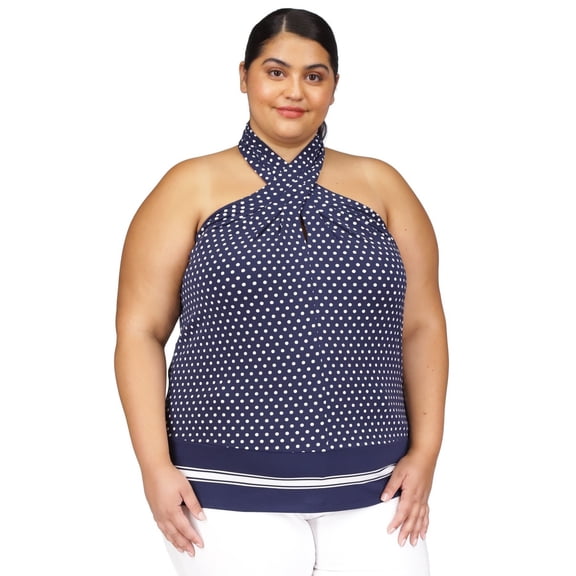 Michael Kors Womens Dot Print Border Jersey Halter Top Shirt, Blue, Plus Size, 2X