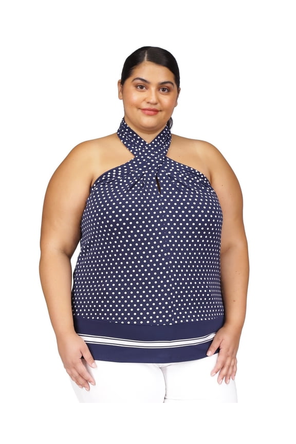 Womens Dot Print Border Jersey Halter Top Shirt, Blue, Plus Size, 2X